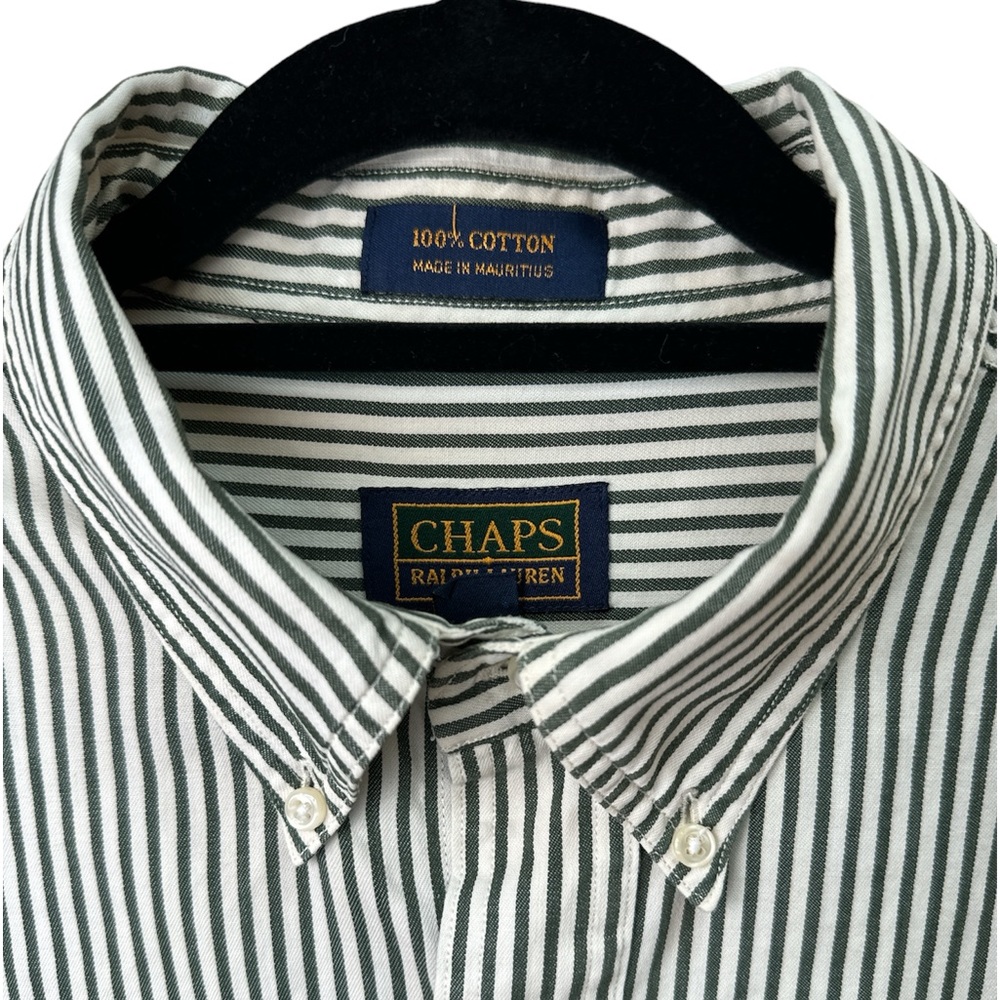 CHAPS Ralph Lauren Mens Shirt Off White Green Railroad Stripe Button Vintage